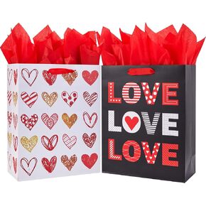 SUNCOLOR 2 Pack 13" Large Valentines Day Gift Bags with Tissue Paper