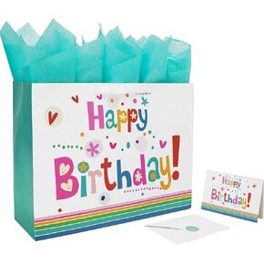 Qirrmiy 16.5" Extra Large Gift Bag Set with Greeting Card and Green Tissue Paper(Cute ‘Happy Birthday’) for Baby Shower,Kids Birthday Party,Men and Women, Newborn,New Moms or Parents, and More
