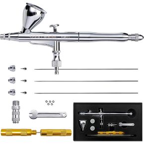 SprayMagic Airbrush Kit, Dual-Action Airbrush Gun with 0.2/0.3/0.5mm Needle Nozzel Sets and Gravity Feed Fluid Cup, Air Brush Gun for Nail Paint Makeup Barber Cake Decorating Model Car Tattoo Silver