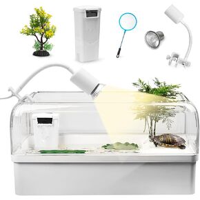 Turtle Tank Habitat Kit - Complete Aquatic Tortoise Starter Enclosure with Filter,Basking Platform with Hideout,Multi-Function Area,Drainage,Plants and Lamps,Perfect for Tortoise Aquarium Indoor