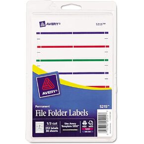 Avery Print or Write File Folder Labels, 11/16 x 3 7/16, White/Assorted Bars, 252/Pack