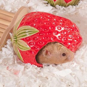 Ceramic Hamster Hideout, Strawberry Hamster House and Habitat, Syrian Hamster Hideout Decor Cool Bed for All Season Gerbil, Mice Guinea Pig