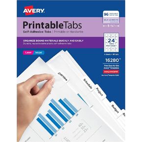 Avery Printable Self-Adhesive Plastic Tabs, 1-1/4", Repositionable Adhesive, White, Pack of 96 (16280)