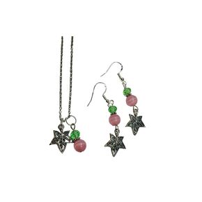 Pink & Green Ivy Leaf Necklace & Earring Set, with pink & green crystal faceted accent beads, on 20 inch chain and sterling silver earwires