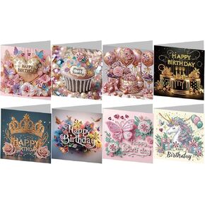 8 Pack 5D DIY Diamond Painting Greeting Card Kit, Diamond Art Christmas Birthday Holiday Greeting Card, Art Crafts Kit Creative Gift with Envelope