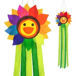 emma kites Smiling Sunflower Rainbow Windsock Hanging Décor Outdoor Windsock for Garden Backyard Balcony Porch Campsite Tent Awing Festival Party Decoration 42-INCH