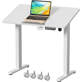 Small Electric Standing Desk, 35''x20'' Whole Piece Adjustable Stand Up Table with 90° Tiltable Board，Foldable Rising Computer Workstation for Home Office,White