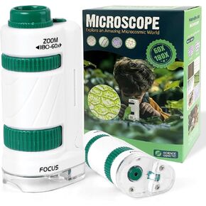 Kids Microscope Toy with 14 Specimen Slides, SETFLAGS 100-250x Zoom Portable Handheld Miniscope Pocket Microscope for Kids,2 in 1 Science Experiment Toy, STEM & Science Kits for Kids Age 6-12