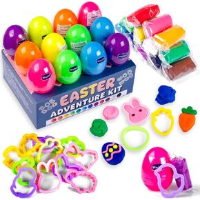 12-Pack Prefilled Easter Eggs with Modeling Dough & Easter-Shaped Cutters, Non-Candy Easter Gift Easter Basket Stuffers for Kids