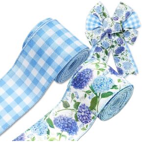 Hydrangea Flower Wired Edge Ribbon 2.5 Inch Blue Purple Floral Fabric Craft Ribbon Plaid Gift Wrap Ribbon for Bow Wreath Spring Summer Party Home Decor, 2 Rolls, 20 Yards