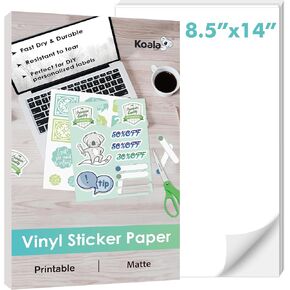 Koala Printable Vinyl Sticker Paper for Inkjet Printer, 8.5x14 inch 20 Sheets Matte White Waterproof Vinyl Sticker Paper, Work with Cutting Machine