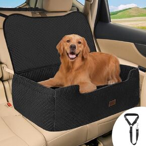 ELEGX Extra Large Dog Booster Car Seat,for Up to 60 Lbs or 2 Small Dog,Inner Thick Height-Boosting Foam Cushion,Effective Seat Back Protection,Soft Short Plush Fabric (Black, Extra Large)