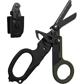 Trauma Shears with Black Holster, 6-in-1 Versatile Trauma Shears Foldable, Stainless Steel Medical Shears for Outdoor Emergency Rescue, Ideal for EMTs, Nurses, and First Responders (Black/Green)