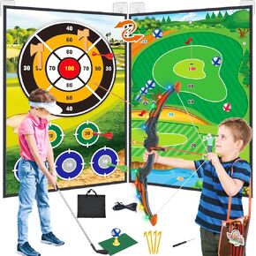 4 in 1 Golf Bow and Arrow Game Mat Set for Kids, Bow and Arrow for Kids with Target, Indoor Golf Games Velcro Chipping, Golf Club, 20 Sticky Balls, Toy Bow, 6 Felt Arrows,Outdoor Toys