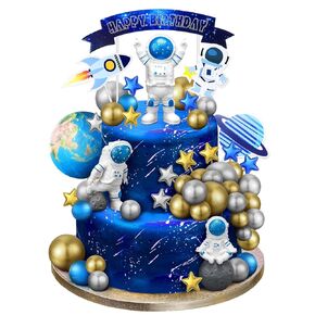 24 Pcs Astronaut Space Cake Toppers Outer Cake Toppers Decoration Astronaut Figurines Planet Rocket Satellite Pearl Balls and Stars Space Theme Decor for Birthday Party Baby Shower(Blue)