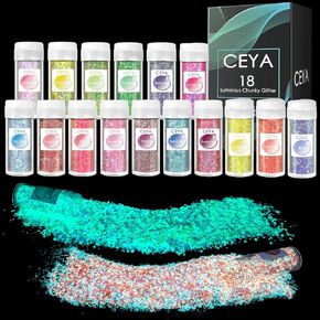 Ceya Glow in the Dark Glitter Set 18 لونًا ، 6.3 أوقية/ 180 جرامًا مضيئًا بريقًا بريقًا مزيجًا من رقائق الأظافر الفلورية الفلورية لراتنج الايبوكسي ، والبهلوان ، وحفلات الهالوين ، وديكور المهرجان