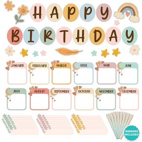 Decorably 97 Pcs Cutouts Boho Birthday Bulletin Board Set for Classroom with Borders, Birthday Chart for Classroom, School