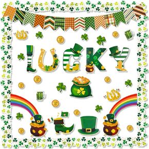 Konsait St. Patrick's Day Bulletin Board Decorations, 67Pcs Green Lucky Saint Patrick's Day Bulletin Board Decorations, Shamrock Borders Gold Pot St. Patricks Day Cutouts for Classroom Office Home
