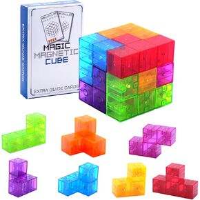 WorWoder Kids Magnetic Building Blocks Magic Magnetic 3D Puzzle Cubes, Set of 7 Multi Shapes Magnetic Blocks with 54 Guide Cards, Intelligence Developing and Stress Relief Fidget Toys for Kids(Pink)