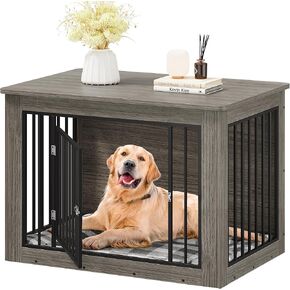 YITAHOME Dog Crate Furniture for Large Dogs, Side End Table, Modern Dogs Kennel Indoor up to 80 lb, 2-in-1 Iron-Wood Fusion Dog Cage with Waterproof Top, Safety Corners, Steel Lock,43" L,Greige