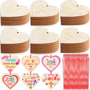 Blueweenly 48 Pcs Valentines Wooden Crafts for Classroom, Christian DIY Painting Crafts Kits Religious Hearts Ornaments Wood Heart Kits for Jesus Sunday School Party Favor Church Gifts