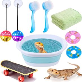 9 pcs Reptile Bathtub Set with Bath Brushes and Towel Foldable Lizard Bath Tub for Bearded Dragon Accessories Gecko Breaded Dragon Pool Water Washer Hedgehog Hamster Small Animals Bonus Swim Pool