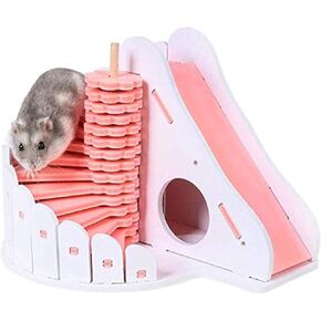 Small Animal Hamster Hideout House with Funny Climbing Ladder Slide Wooden Hut Exercise Toys Suitable for Dwarf Hamster and Mouse (Pink, M)