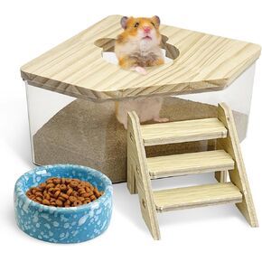 kathson Hamster Sand Bath Box Transparent Acrylic Small Syrian Hamster Shower Bathtub Small Gerbil Digging Sand Container with Climbing Ladder and Ceramic Bowl Cage Accessories for Lemmings Mice