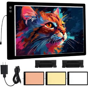 Rechargeable A2 Light Pad, 3-Color Light Setting Diamond Painting LED Light Board, 6-Level/Stepless Adjusted Brightness Large Size Tracing Light Box Kits with 2 Clips for Drawing, Sketching, Animation