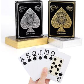 Plastic Playing Cards,Waterproof Cards,Deck of Cards,Jumbo Index Large Print Playing Cards for Adults,Premium Professional Poker Card Set for Texas Hold'em Card Games,Metallic Gold & Silver(2 Pack)