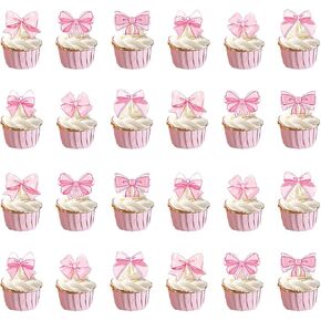 48Pcs Pink Bow Cupcake Toppers,Pink Bow Cake Topper,Pink Bow Birthday Decorations,Coquette Themed Party Decoration,Bridal Shower Bachelorette Cake Toppers