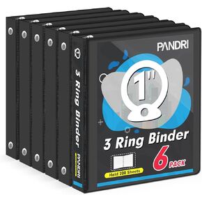 3 Ring Binder 1 Inch, PANDRI 6 Pack 1-Inch Binder Fits Letter Size 8.5'' x 11'' Paper, Versatile Binders for Office Home School, 2 Pockets, Black