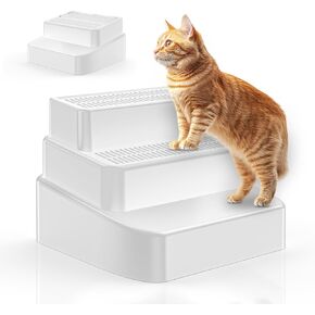 Cat Litter Box Ramp, Adjustable Height 3-Tier Design, with Sand Filter Feature, Washable and Easy to Clean, White Plastic Cat Ramp for Litter Box, Cat Steps for Litter Box, Litter Robot Ramp