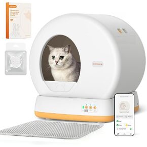 MeoWant Self-Cleaning Cat Litter Box, Advanced Safety System Automatic Cat Litter Box Perfect for Multi Cats, Extra Large/Odor Control/APP Control Smart Cat Litter Box with Mat & Liner, Yellow