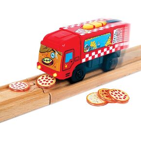 Pete-Za Motorized Train for Wooden Track - Pizza Themed Battery Operated Locomotive - Includes Magnetic Pizza Pieces - Electric Powered Engine for Wood Track Series 2
