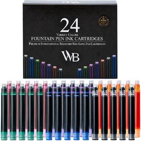 Wordsworth & Black 24 Pack Fountain Pen Ink Refills - SET OF 24 BLACK Ink Cartridges - International Standard Size - Length Appr 1.5" - Base Diameter Appr 0.24" - Disposable and Generic