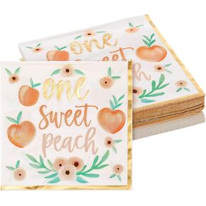 Sparkle and Bash 50 Pack One Sweet Peach Paper Napkins for Baby Shower & Birthday Party Supplies - One Sweet Peach Birthday Decorations (6.5 Inch)
