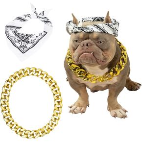 Dog Bandanas Headband and Gold Plated Dog Chain Collar Hip Hop Costume Accessories Set for Medium Large Dogs Chain Head Cover Apparel Party Cosplay