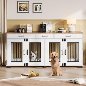71 Inch Large Dog Crate Furniture for 2 Dogs, Wooden Double Dog Crate Large Breed with Door, Dog Kennel Indoor, TV Stand End Table with Divider for Large Medium Dogs,White/Brown