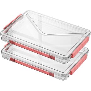 2 Pack Clear Plastic File Storage Boxes with Latching Lids, Transparent Certificate Organizer with Handle, Portable Project Case for Drawers, Clear Stackable File Box (‎Red Latches, Large)