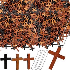300 Pcs Small Wooden Cross Wood Cross Keychains Black Brown Coffee Mini Cross Pendant with Chains for Hanging Ornament Favors DIY Craft Making