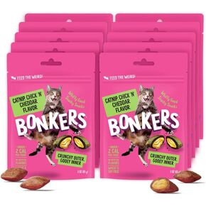 Bonkers Cat Treats, Catnip, Chick N' Cheddar Flavor, 3 OZ, Cat Treats, Training, All Breeds & Ages, Food Topper, Resealable Pouch (10 Pack)