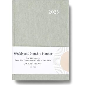 2025 Planner - Weekly and Monthly Planner, January 2025 - December 2025, Linen Hardcover, 2025 Calendar Planner Book with Tabs, Aesthetic, Perfect for Office Home School Supplies - (A5, Sage Green)