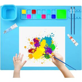 20" x 16" Large Silicone Mats for Crafts, Silicone Painting Mat with Detachable Cleaning Cup, Collapsible Non-Stick Silicone Art Mat Paint Pad Built in Ruler Perfect for Kid Gift (Blue)