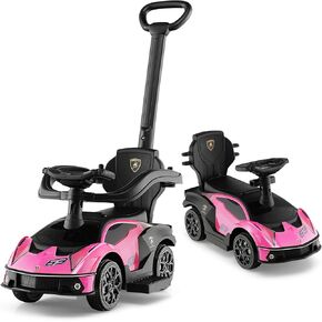 سيارات عسل فرح للسيارات للأطفال الصغار ، عربة أطفال Lamborghini للأطفال مع مقبض الدفع والدرابزين القابل للفصل ، صوت القرن والمحرك ، تخزين المقعد ، ركوب من القدم إلى الطابق على سيارة الدفع للبنين (الوردي)
