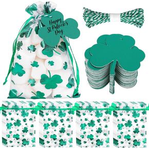 FYSUIMU 100Pcs St. Patrick's Day Organza Bags with Shamrock Tags Rope Foil Green Clover Drawstring Treat Bags Gift Jewelry Pouches for Irish Holiday Birthday Supplies, 4 x 6 Inch