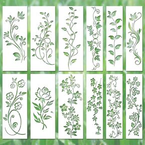 12pcs Leaf Vine Stencils, Leaves & Flower Stencil Reusable Floral Stencil Spring Drawing Templates for Painting on Walls DIY Craft Canvas Home Decor Wall Art