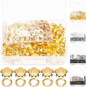 Hilitchi 200 Set 5MM 1/5" Flower Eyelet Grommets, Gold Flowers Grommets Eyelet, Leather Craft Eyelets Grommets Eyelets Set Metal Eyelets Set for Shoes Clothes Belt Bag DIY Project