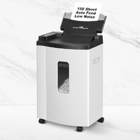 150 Sheet Auto-Feed Micro Cut Paper Shredder for Home Office Use, P-5 Super High Security (5/64 x 19/32 inches), Large 6-Gallon Bin, 20-Min Continuous Run, 55dB Ultra-Quiet, White