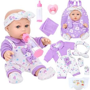 12" Baby Doll with Flower Pattern Backpack Carrier,12 Inch Realistic Baby Dolls with Clothes and Accessories Hanky Pacifier Bottle Diaper Toy Pretend Play Collection for 3+ Child Girls Gifts